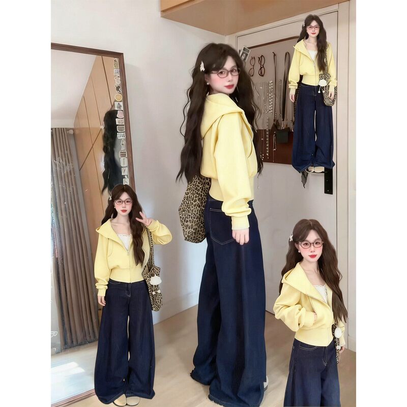 Gray Hooded Waist-Cinching Sweatshirt for Women, Short Style, Slimming High-Waist Design, Spring Casual Versatile Korean Style Top