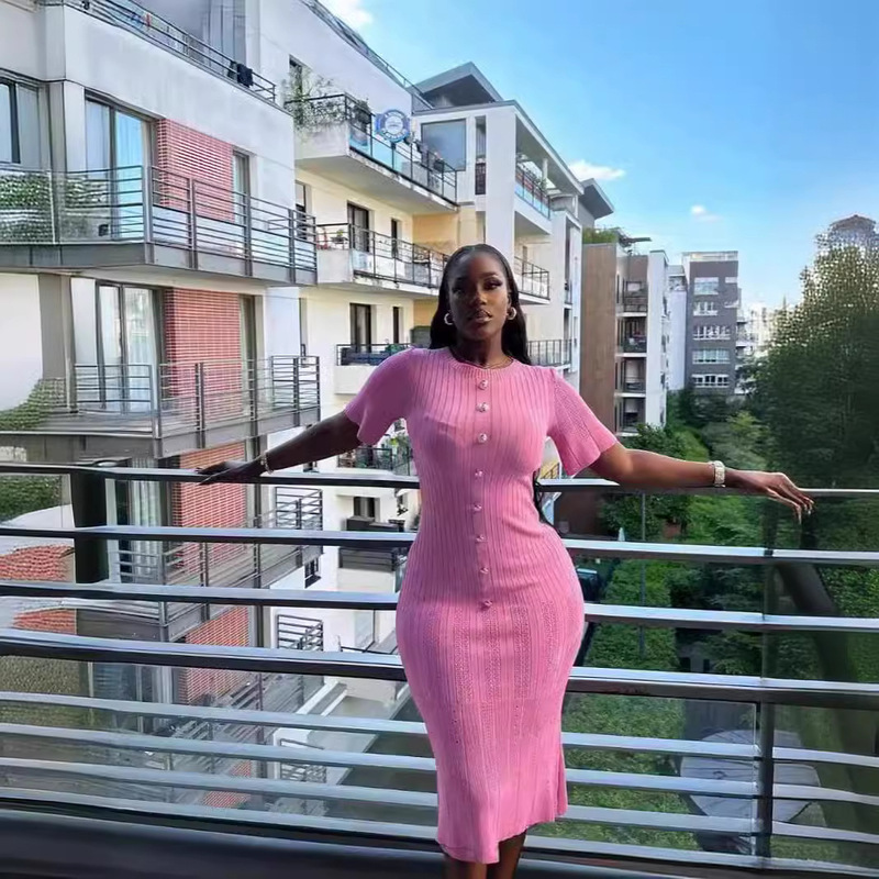 New Amazon European and American dress summer round neck short sleeve temperament knitted hip women's in stock wholesale