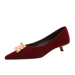 2377-K215 Korean style low heeled suede women's shoes with pointed shallow mouth metal buckle, fashionable single s