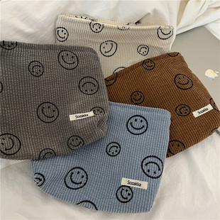 111291 Corduroy Polka Dot Cosmetic Bag Retro Smiley Face Storage Wash Clutch Key Mobile Phone Wallet Pencil Case