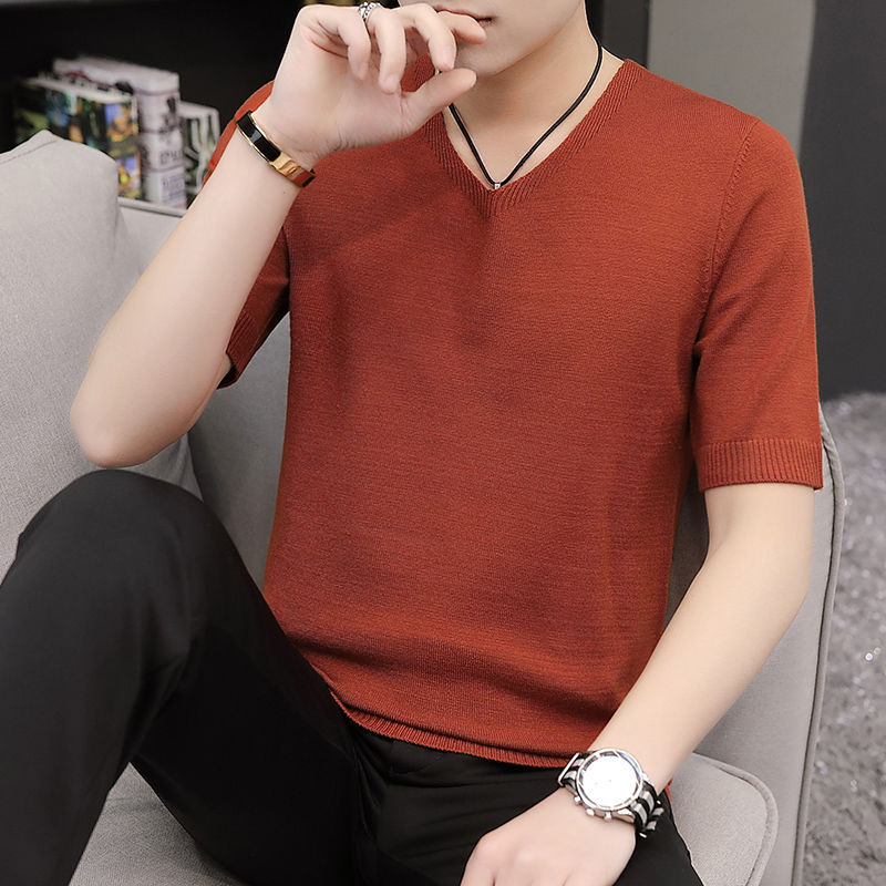 Autumn and Winter Knitwear Knitwear Half-Sleeved Men's V Knitted Versatile Men's Casual Pure Color Short-Sleeved Slim Collar