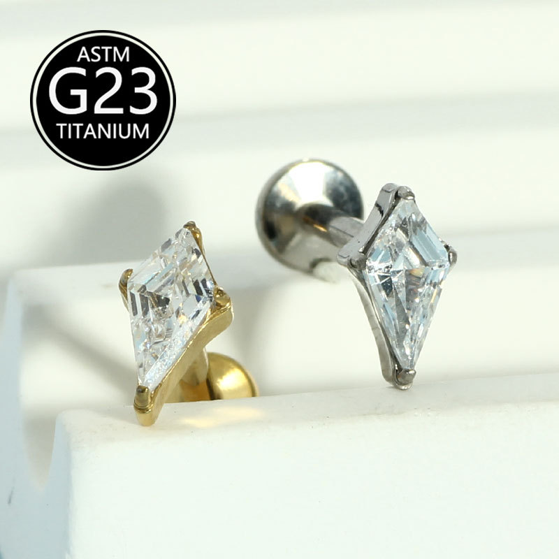 G23 Titanium Alloy Rhombus Threaded Zircon Earrings Lip Stud Earrings Cross Border Body Piercing Jewelry detail image 5