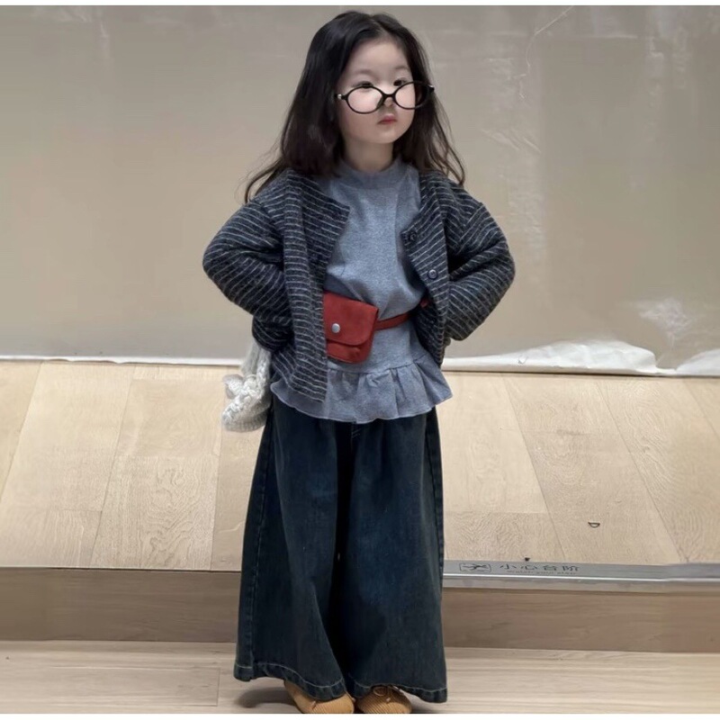 韩版童装2025秋季新款女宝宝条纹开衫花边打底衫牛仔阔腿裤三件套|undefined