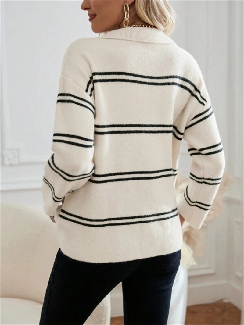 Women's Striped Polo Sweater – V-Neck, Contrast Trim, Long Sleeve (White/Black/Apricot/Red, S-L)_ecoleips.com