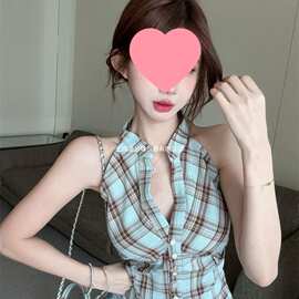 格子挂脖吊带背心女外穿夏季泰式小众甜辣妹v领抹胸上衣绝美衬衫