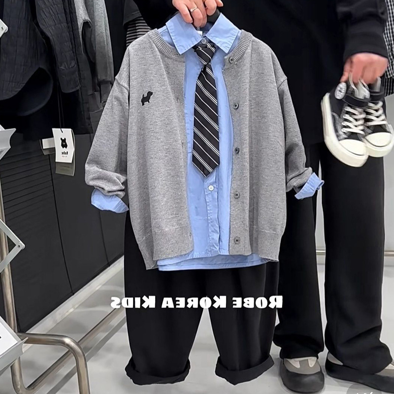 男童帅气学院风长袖衬衫套装2025春秋中大童针织开衫黑色休闲裤子|undefined