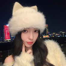 韩版时尚可爱猫耳帽子女秋冬百搭针织毛线帽加绒大头围显脸小毛绒