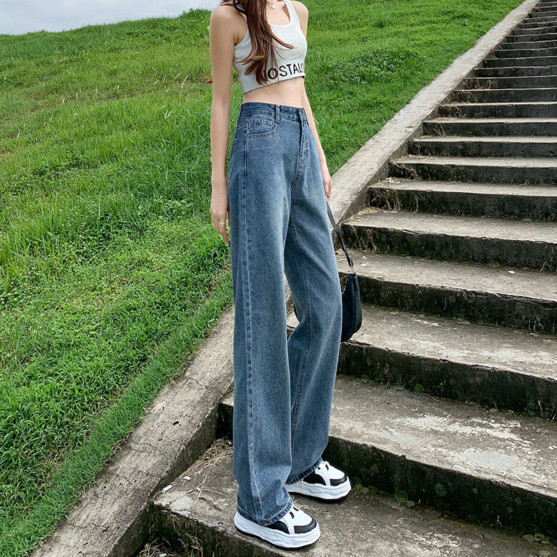 代发直筒牛仔裤子女春秋2022年新款复古设计感长裤高腰宽松阔腿裤
