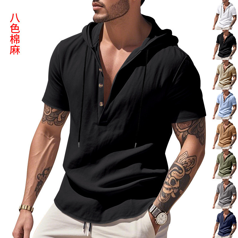 European and American Cross-Border New Men's Summer Loose Casual Linen Breathable Beach Hooded Henley Shirt Short-Sleeved Shirt for Men
