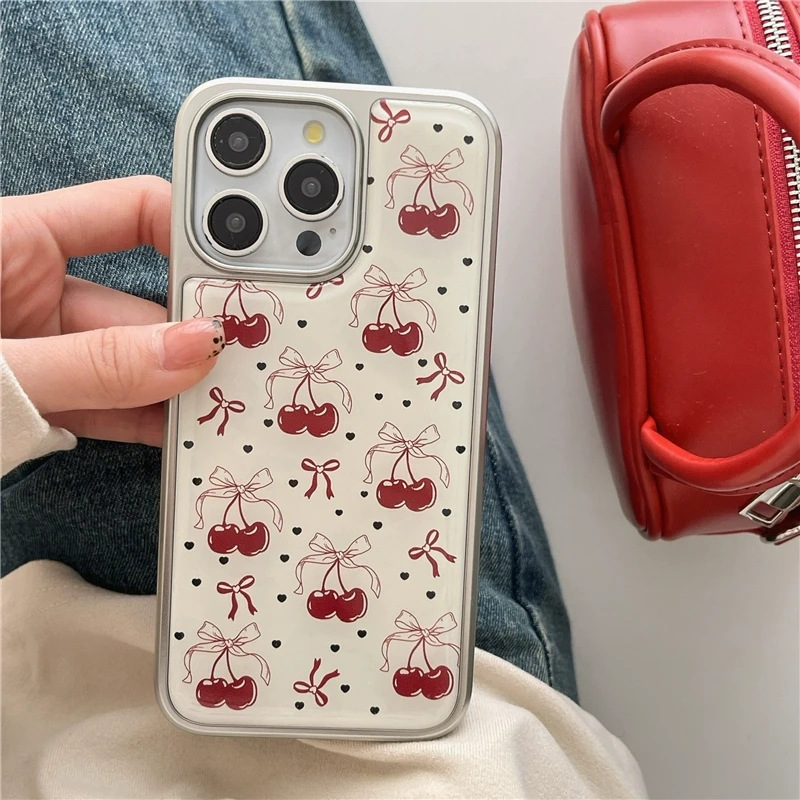Ins Bow Cherry Suitable for iPhone Apple 17Pro Phone Case 15 Electroplating 16 Hydrogel 13 Heart 14 Hard