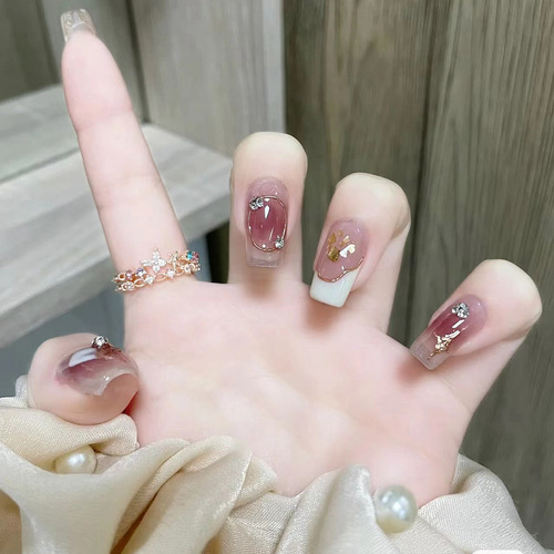 雅婕娜-爱心晕染极光彩钻芭蕾款显白美甲成品可拆卸穿戴甲Nails