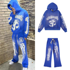 美式街头潮牌重磅毛圈头像字母印花洗水做旧宽松连帽卫衣帽衫套装