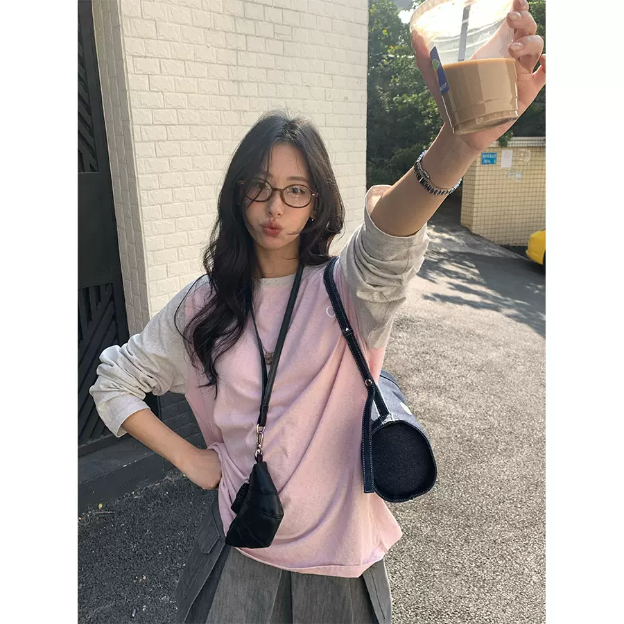 黄峥 撞色插肩袖刺绣T恤女2025早春韩系休闲长袖上衣女H1DC510018