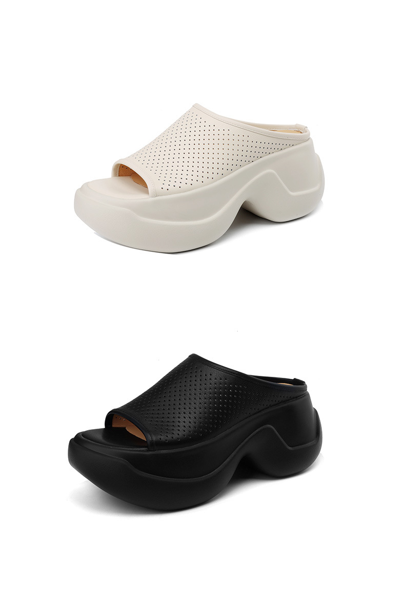 Dép sandal nữ xỏ ngón đế bệt da thật lỗ thoáng khí mùa hè — màu đen, màu trắng ngà chi tiết 18