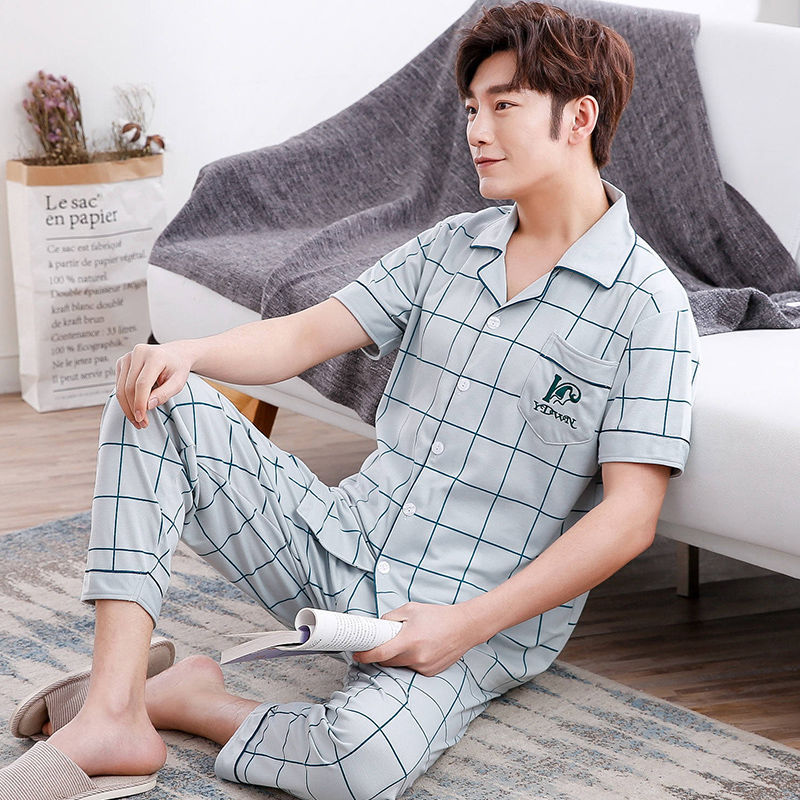 Pijamas de hombre ropa de verano 100% algodón pantalones de manga corta chaqueta juvenil traje de homewear delgado de mediana edad