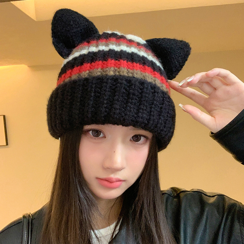 美式甜酷加厚条纹针织帽秋冬保暖猪耳朵毛线帽休闲百搭防风套头帽|undefined