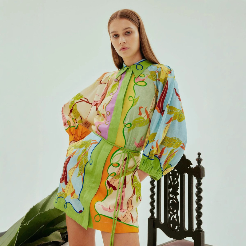 2025 New Cross-border European and American Independent Station Amazon Women's Linen Personality Fashion Printing Lace-up dress Women