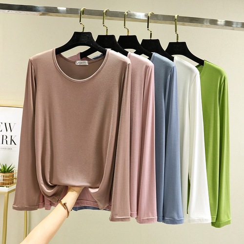 Round Neck Loose Modal Autumn Women's Plus Size Long Sleeve T-Shirt Winter Simple Base Shirt Plain Color Thin Top