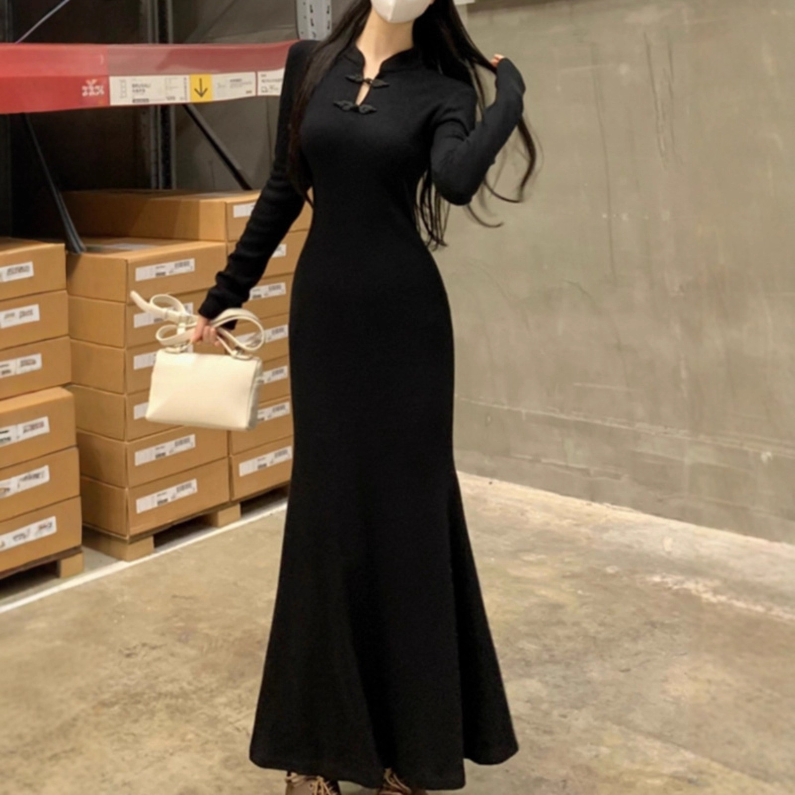 New Chinese Style Improved Cheongsam Hip-Covering Long Skirt for Women Autumn and Winter Large Size Waist-Cinching Knitted Bottoming Fishtail Dress