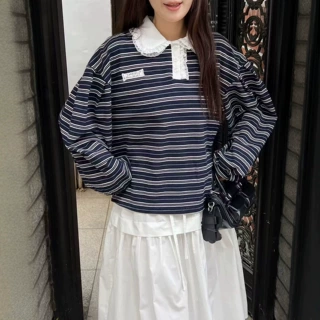 韩版撞色条纹领结绑带长袖T恤女初秋季设计感宽松显瘦休闲上衣