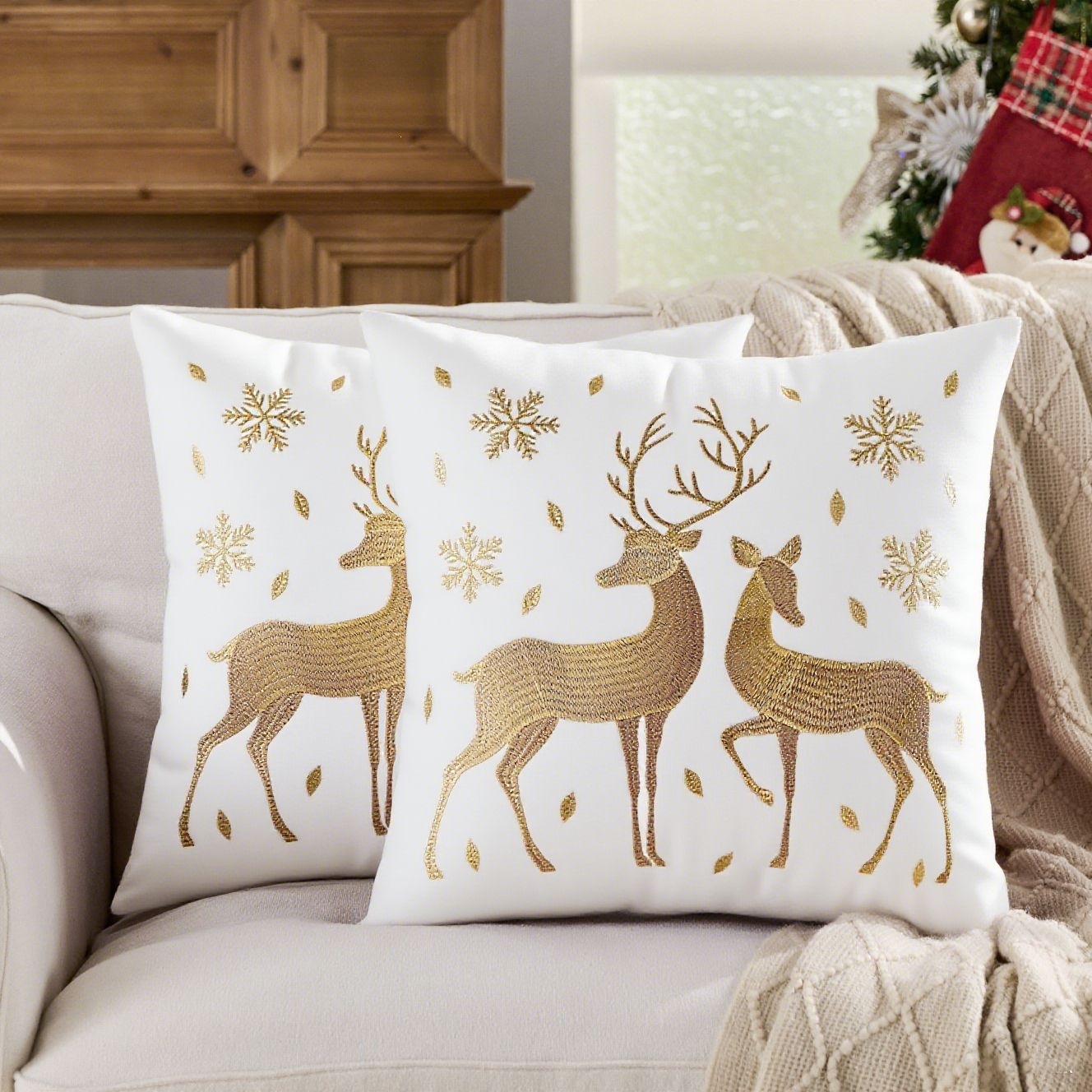 Ventas transfronterizas en caliente de alce árbol de Navidad estampado almohada cubierta de nieve de otoño y invierno bordado estilo de decoración de vacaciones atmósfera cojín cubierta