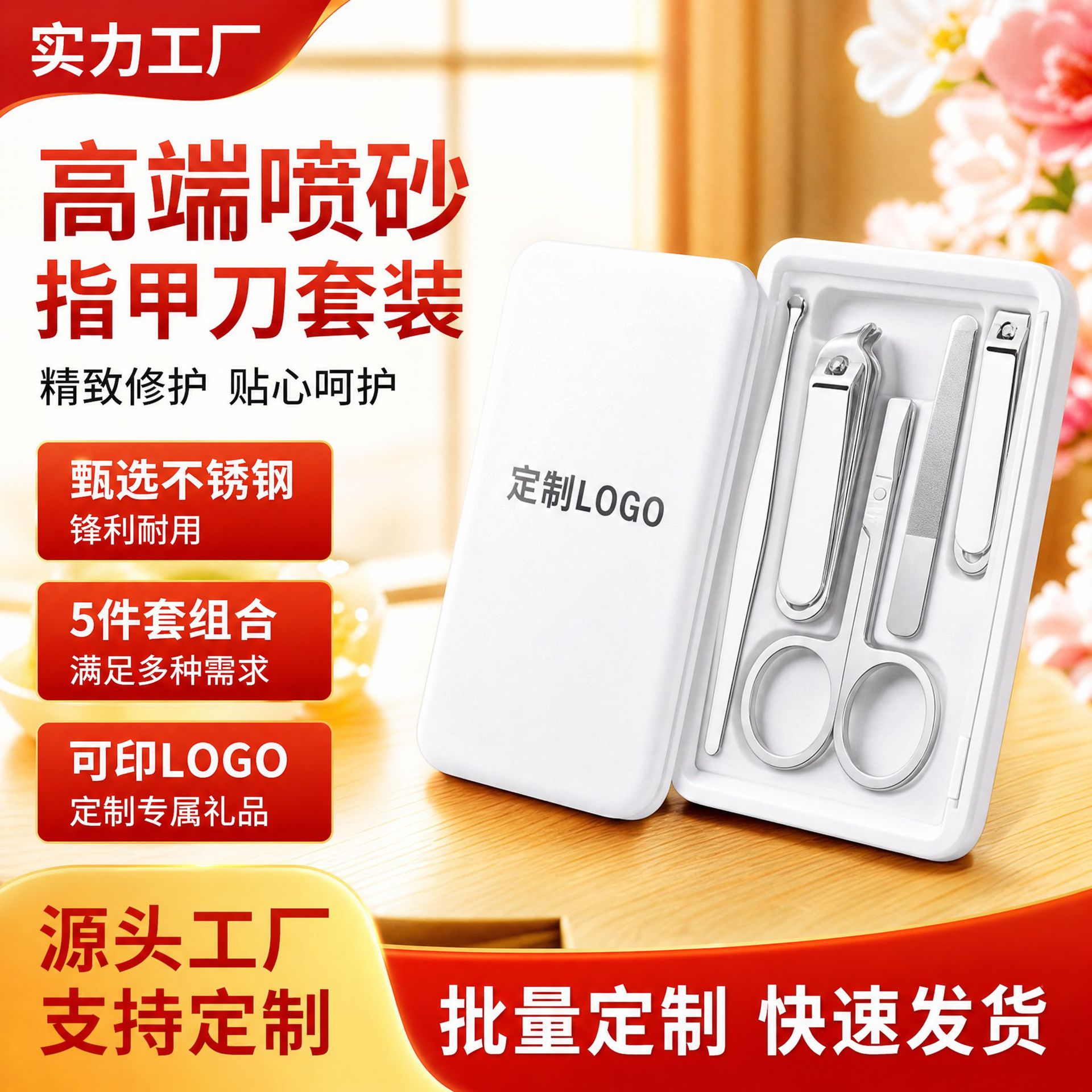 Customized High-End Sandblasted Nail Clipper Five-Piece Set Stainless Steel Manicure Scissors Nail Clippers Beauty Manicure Set Box Customization
