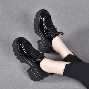 Women's Platform Shoes 2023 Autumn New Academic Style Lace-up Platform Heel Loafers Black Top Layer Leather Shoes