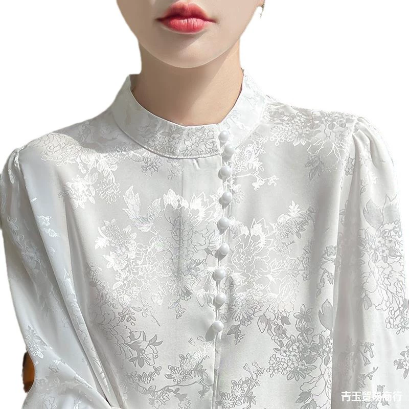 White silk shirt, spring long-sleeve, Chinese style