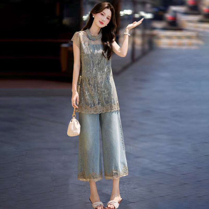 New Chinese-Style Denim Suit for Women, Summer 2026 New Model, Petite Lace Patchwork Short-Sleeve Shirt and Pants Two-Piece Set New Chinese-Style Denim Suit for Women, Summer 2026 New Model, Petite Lace Patchwork Short-Sleeve Shirt and Pants Two-Piece Set