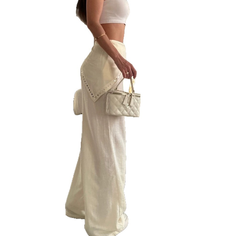 Women's High-Waisted Wide-Leg Linen-Look Pants With Rhinestone Detail | Loose Fit Summer Casual Trousers_ecoleips.com