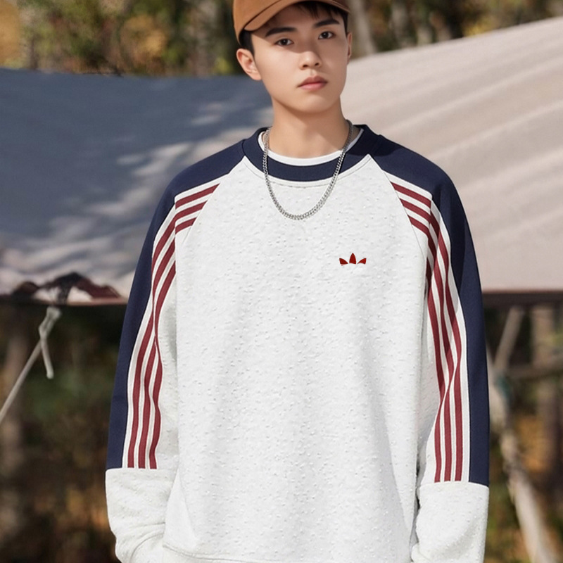 02566 Three-leaf embroidered logo, trendy cross-border fashion brand sweatshirt, unisex, long-sleeved top for spring and autumn, with three stripes