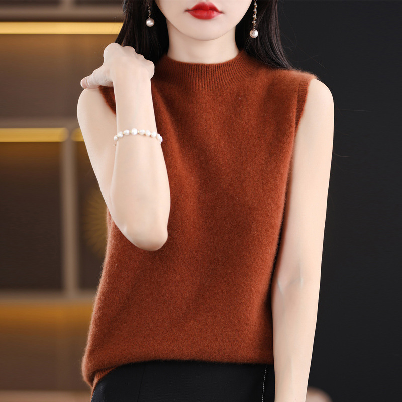 软糯羊毛半高领无袖打底背心女气质休闲针织打底毛衣纯羊毛背心女