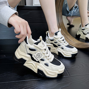 6616 Leather Inner Heightening Daddy Shoes for Women 2025 Spring and Summer New Versatile Korean Style Thick-Soled Dad Shoes Student Casual