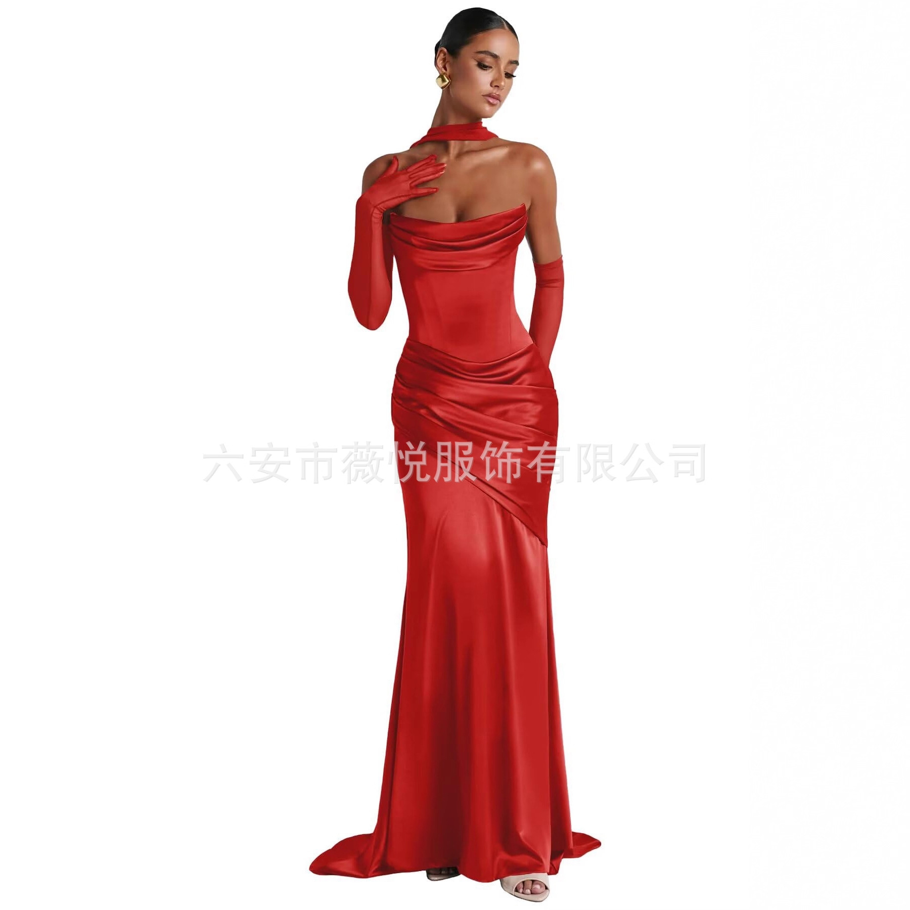 Foreign Trade European and American Women's Slim Banquet Evening Dress, High-End Elegant, Slimming Look Tail Dress, Pure Color Tube Top Dress