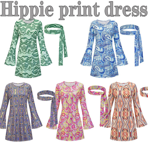 Halloween, European and American women's clothing, 20th century, 70th generation hippie clothing, printed dress, female