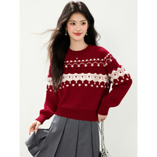 过年红毛衣女2025冬季新款几何图案甜美软糯保暖套头长袖针织衫