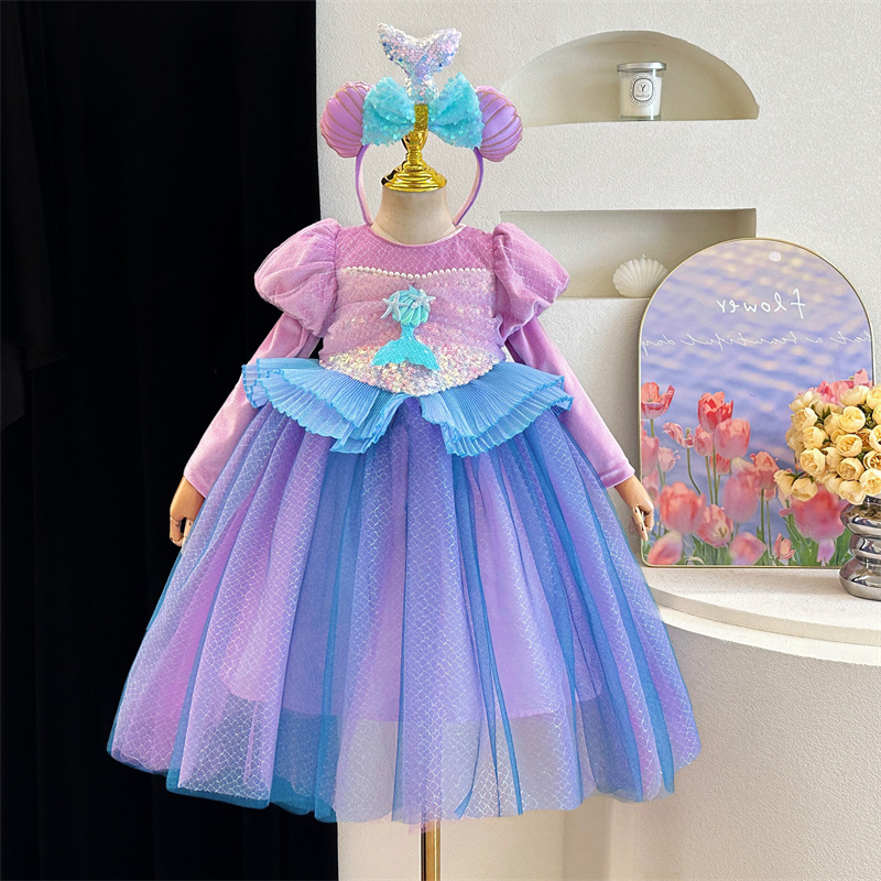 Internet Celebrity Mermaid Princess Dress Girls' Long Sleeve Velvet dress Little Girl's Birthday Halloween Children's Dress