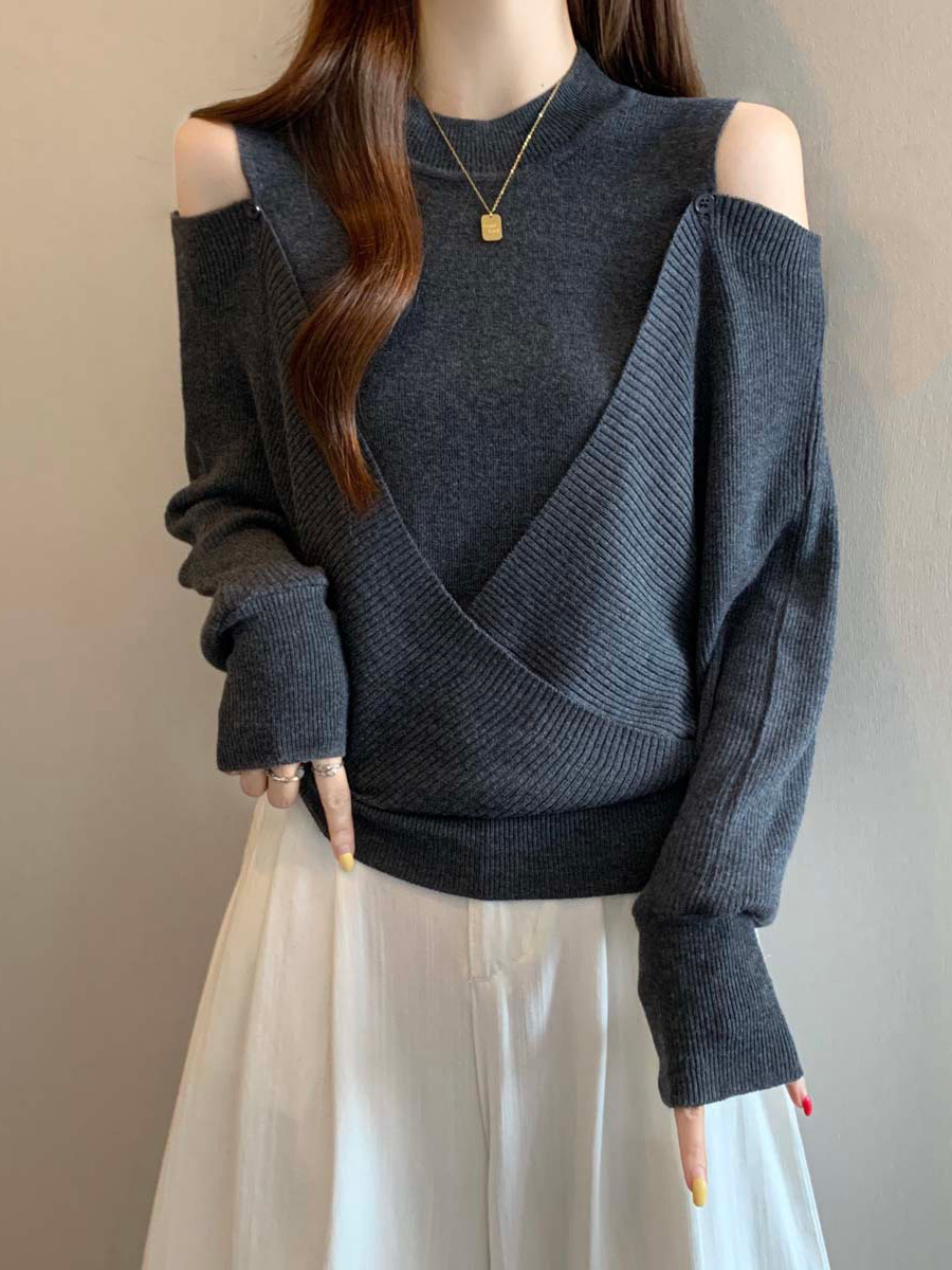 Lazy Style Gray Off-Shoulder Half Turtleneck Sweater for Women Autumn New Large Size Fat Fake Two-Piece Waist Top