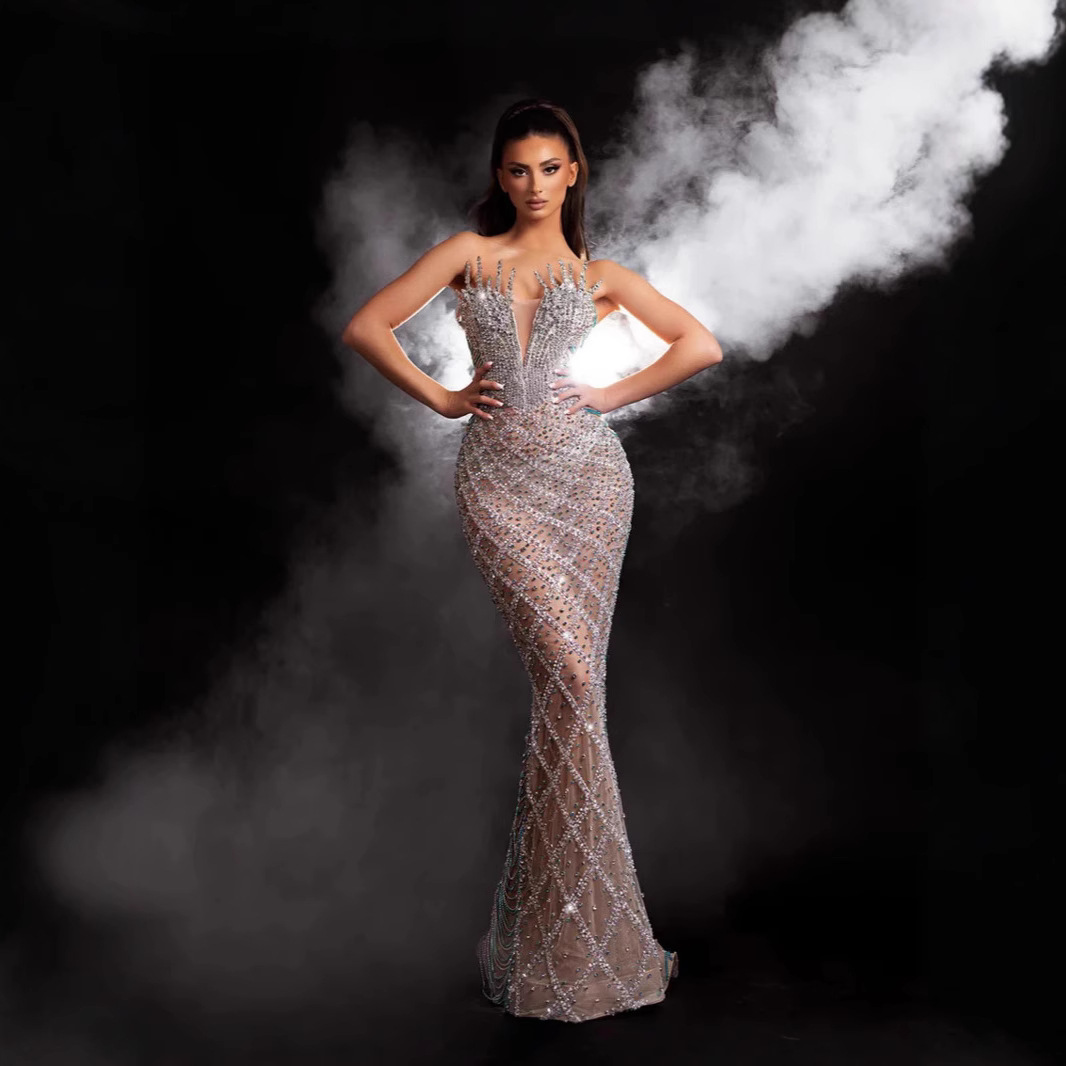 2025 Independent Station New V-neck Strapless Heavy Industry Nail Diamond Sequins Sexy Party Dance Dinner Party Evening Dress