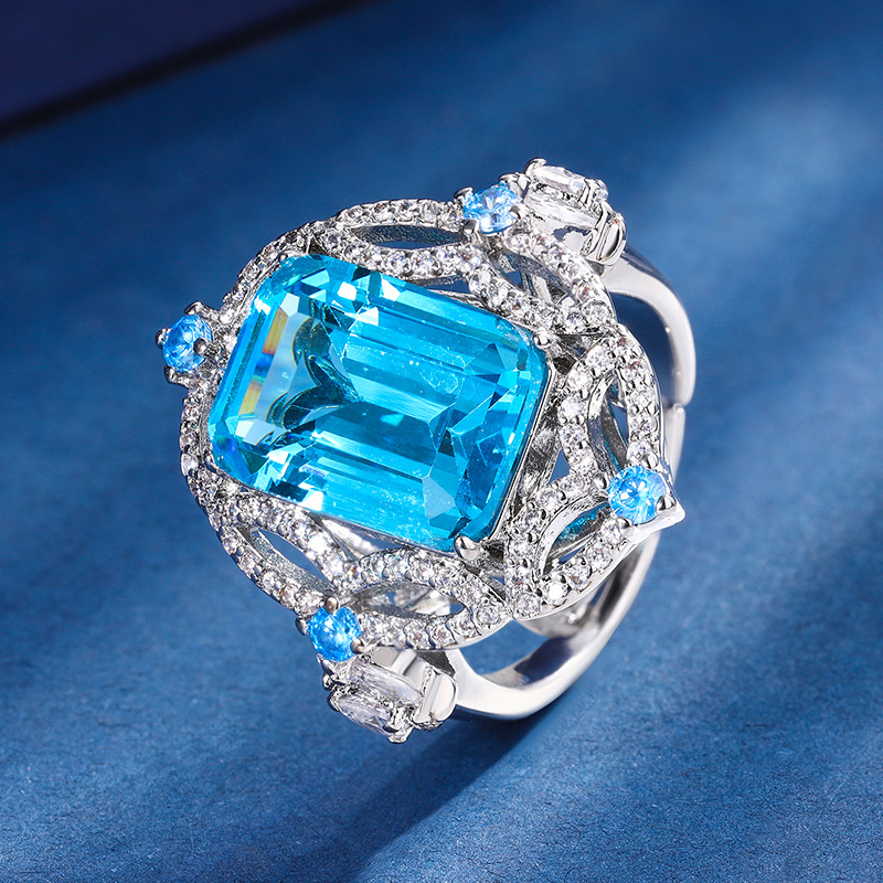 Zhuang Sheng joyas de cobre de fondo chapado en oro simulación aguamarina Rosa diamante traje fresco colgante anillo 10*14