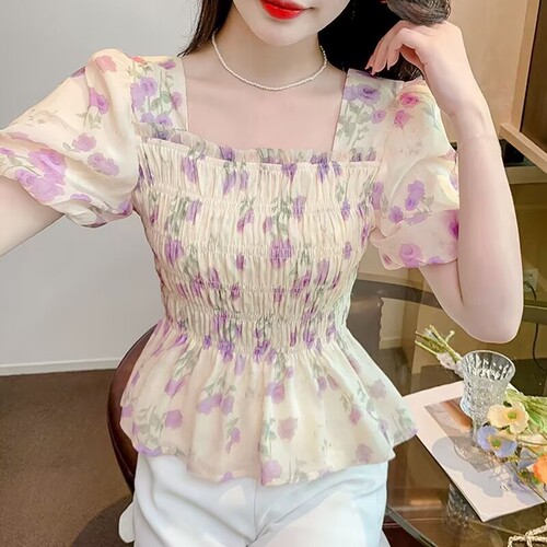 Floral chiffon blouse short sleeve women 2025 summer design sense niche waist French bubble sleeve top