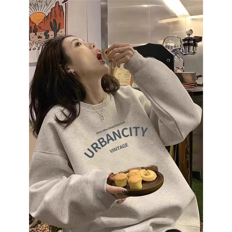 灰色圆领卫衣女装早秋新款oversize韩系氛围感宽松中长款无帽上衣