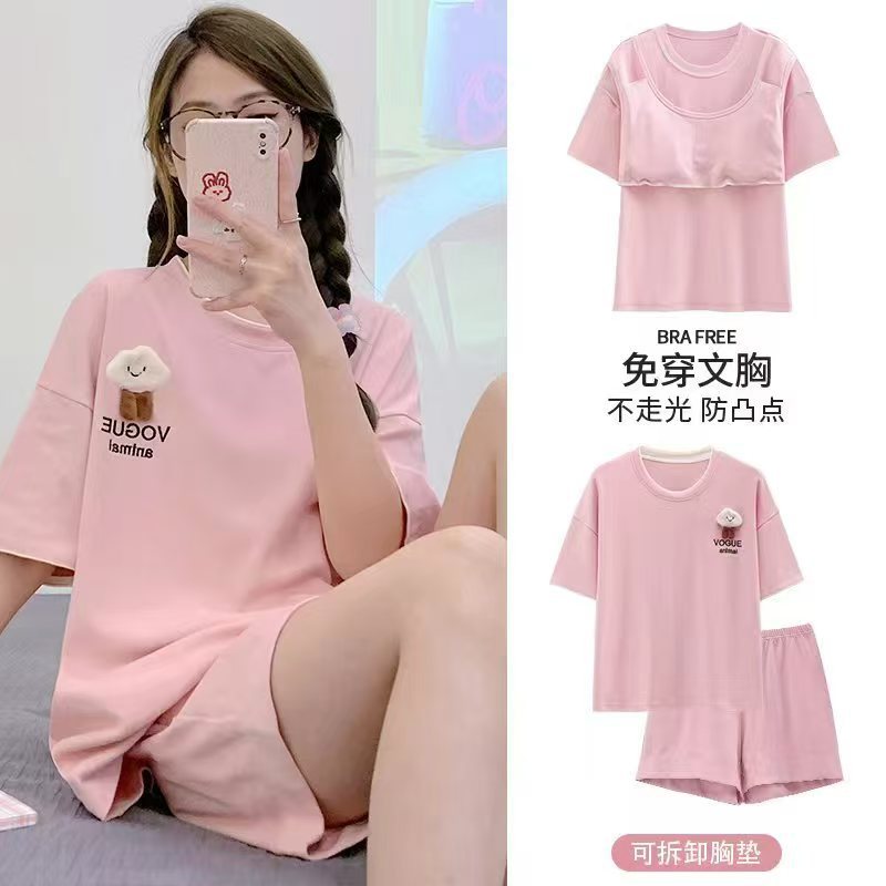 Pijamas al por mayor transfronterizos, algodón de imitación para mujer, almohadilla para el pecho, nuevo verano a prueba de golpes, pantalones cortos de manga corta, traje de servicio a domicilio