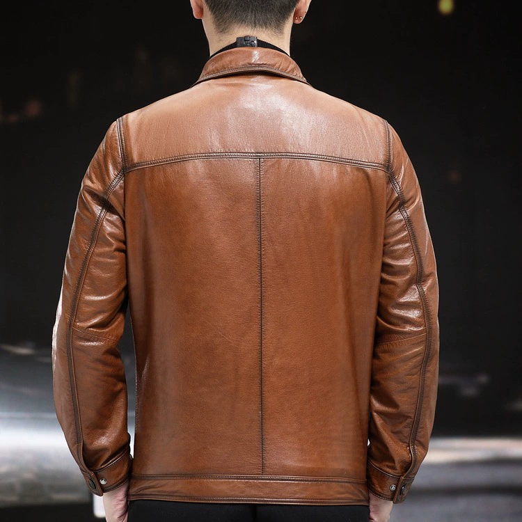 Leather short fitted liner with down, jacket, genuine leather, cowhide