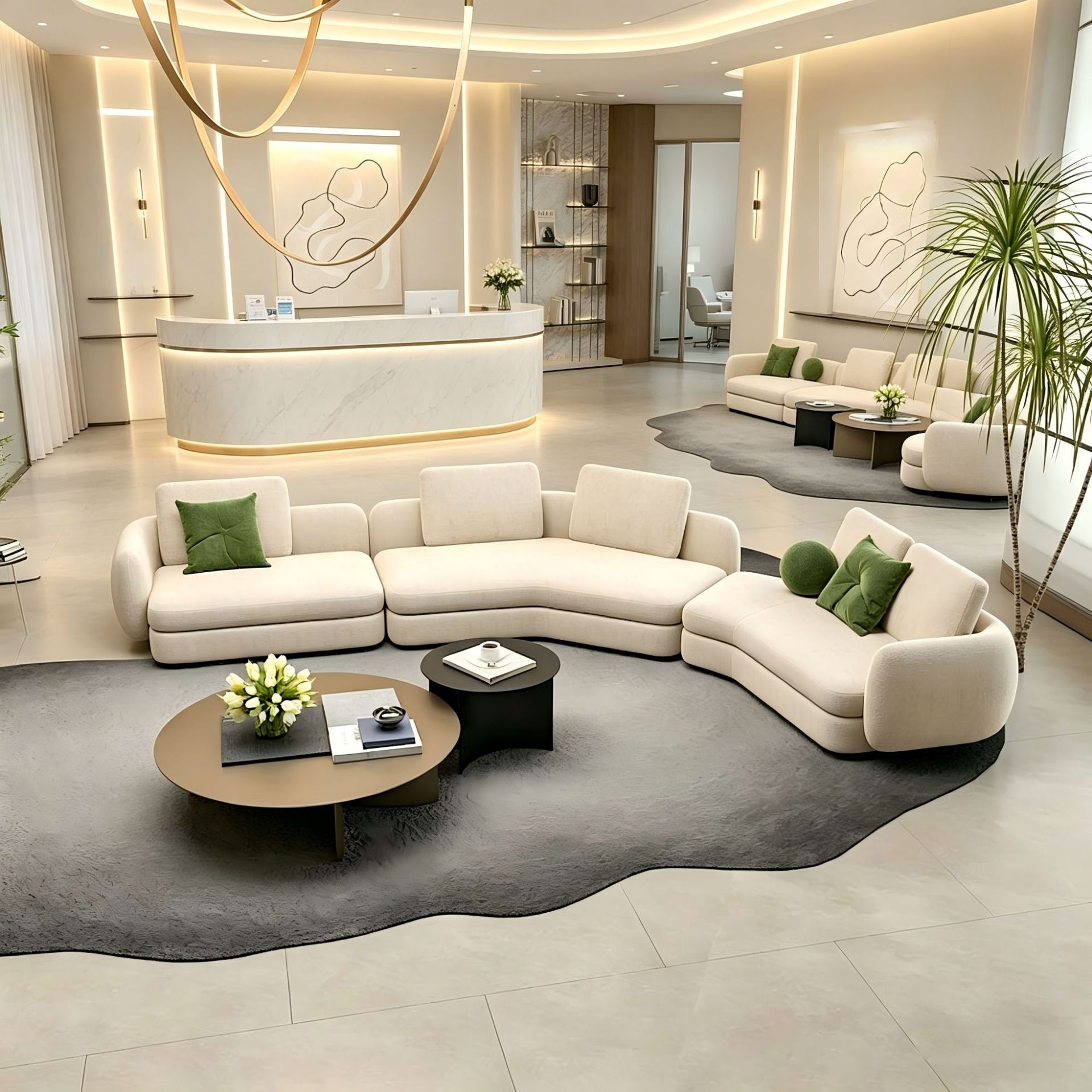 Hashamatli minimalist chaise lounge divan, katta kvartirali egri divan, ofis maydoni, mehmonxona qabulxonasi, tartibsiz shakldagi biznes divan
