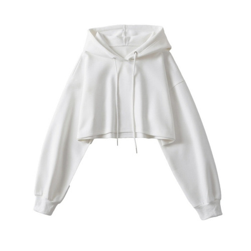 2025 autumn new white American short hooded sweater for women with a loose design, bare navel long-sleeved top for women.