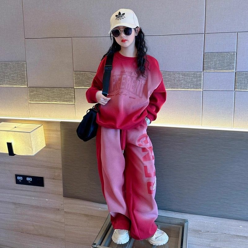 ネットの赤い女の子の韓国版のスーツの中で大きい子供の春秋の新型の洋気のアルファベットのガードルのファッション的なズボンのグラデーションの2つのセット|undefined