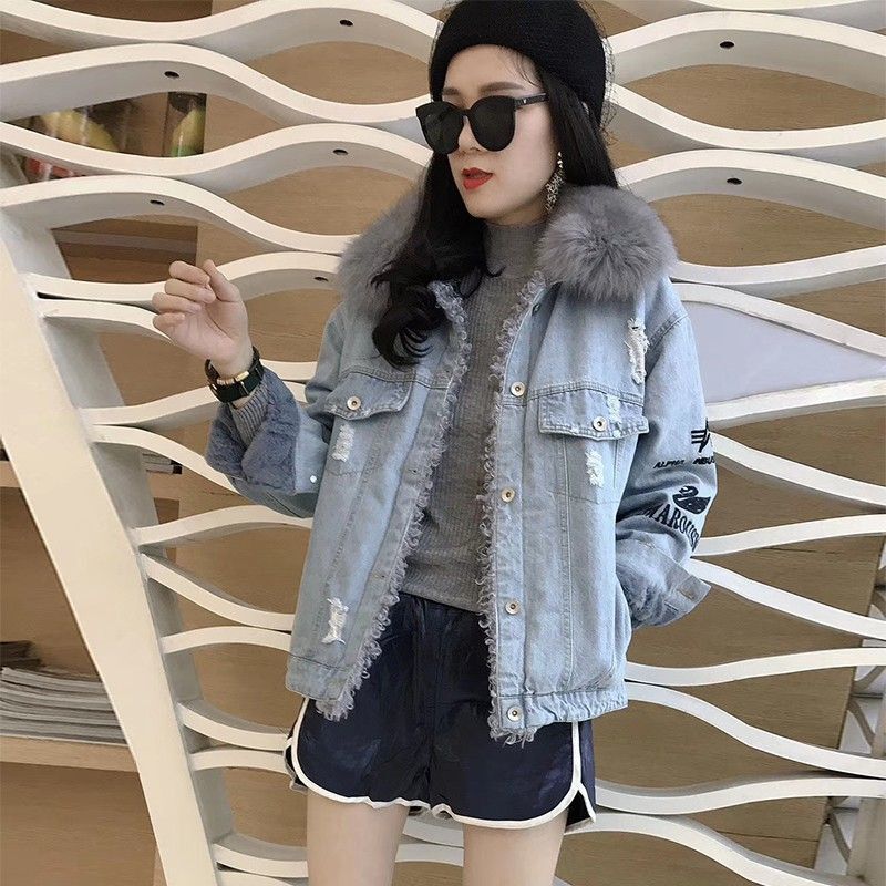 European Trendy Brand Age-Reducing Fashion Parka with Fleece Snow Jacket Embroidered Heavy-Duty Denim Jacket Fur Women