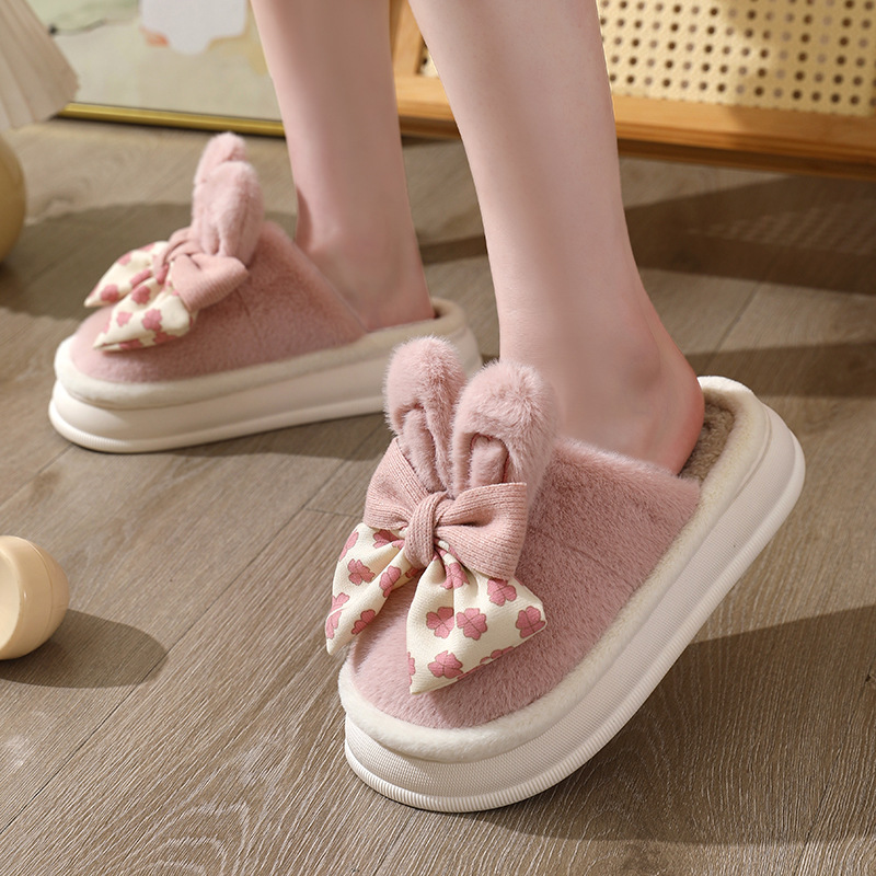 Autumn and winter bow cotton slippers female thermal indoor cute casual home cotton shoes girl plush slippers wholesale