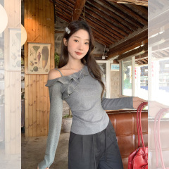 韩系荷叶边ins巨好看吊带斜领露肩长袖T恤女秋季穿搭修身显瘦上衣